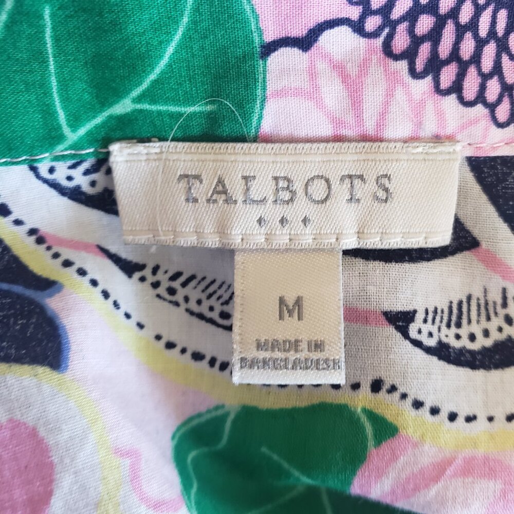 Talbots Blouse 1/2 Button Popover Lightweight Artsy Floral Roll Tab Sleeve Sz M - Picture 7 of 7